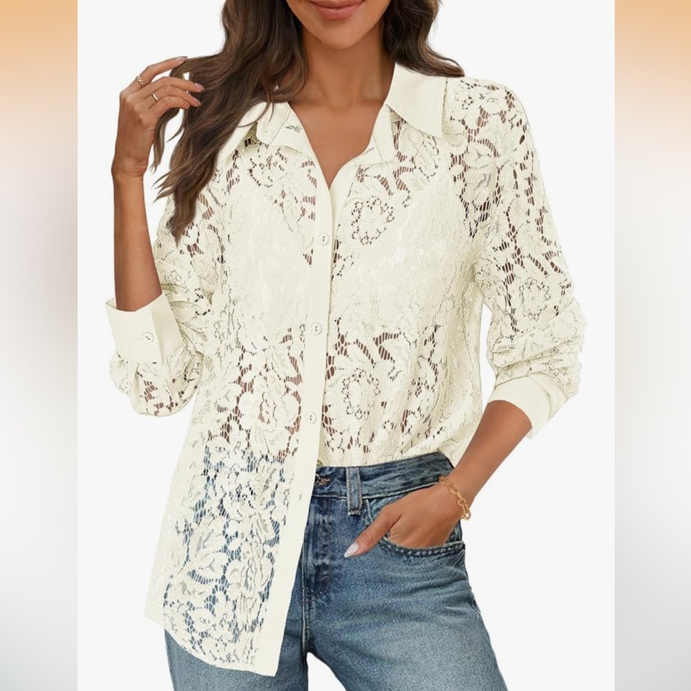 Merokeety cream lace long sleeve blouse size small
